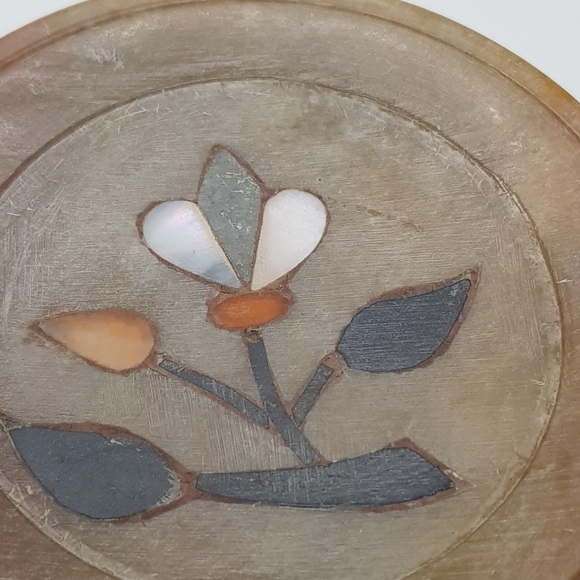 Dining Vintage Set Of 6 Soapstone Drink Coasters With Flower Inlays